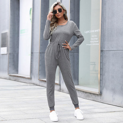 Solid Long Sleeve Jumpsuit with Drawstring Waist and Tapered Leg