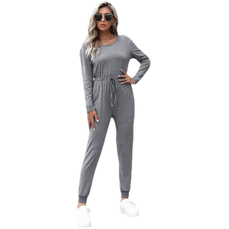 Solid Long Sleeve Jumpsuit with Drawstring Waist and Tapered Leg