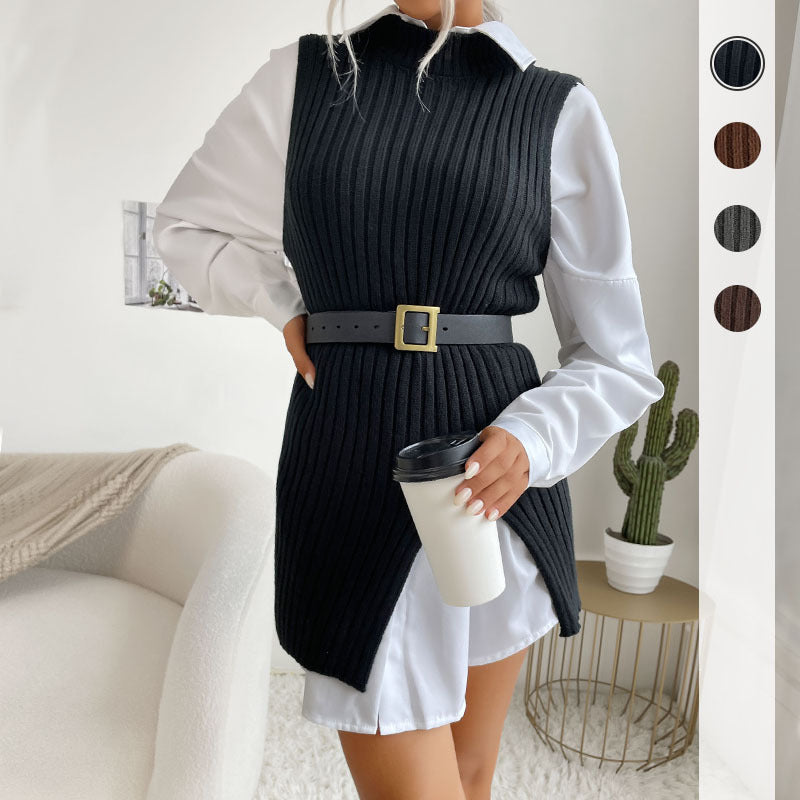Ribbed Knit Mid-Length Vest with Mock Neck and Side Slit