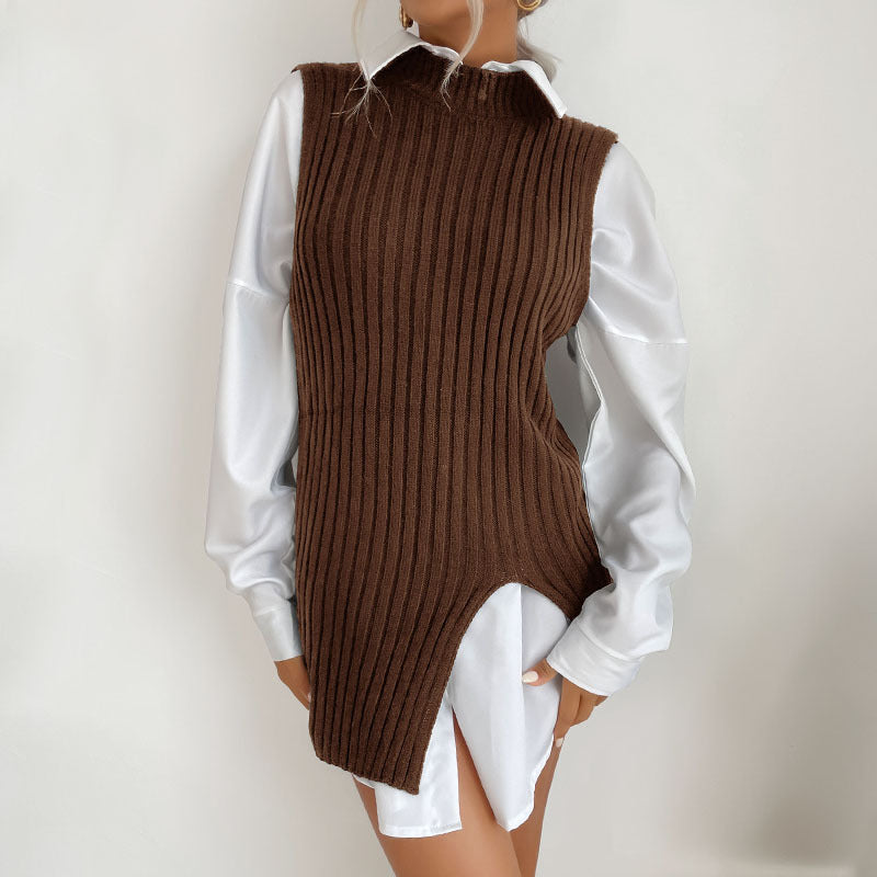 Ribbed Knit Mid-Length Vest with Mock Neck and Side Slit