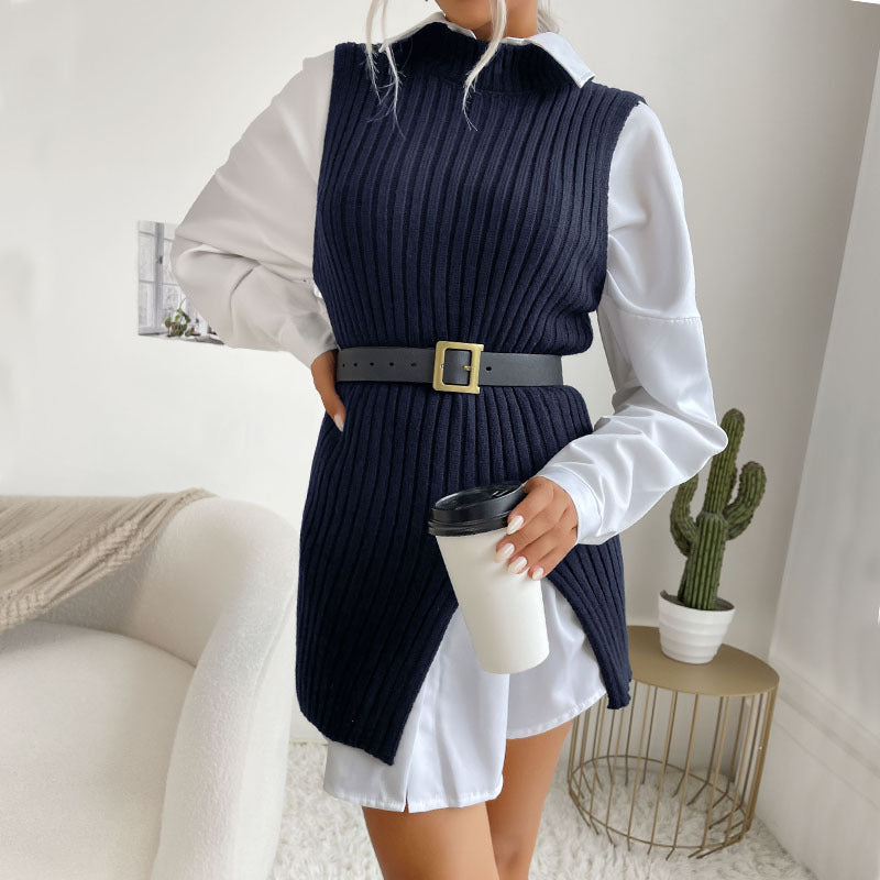 Ribbed Knit Mid-Length Vest with Mock Neck and Side Slit