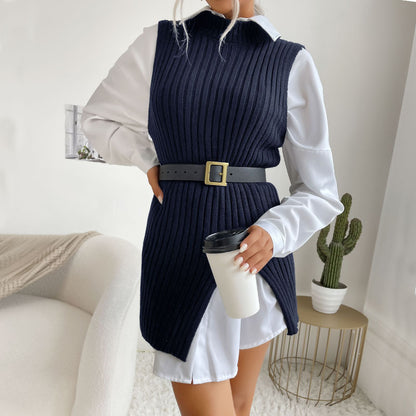 Ribbed Knit Mid-Length Vest with Mock Neck and Side Slit