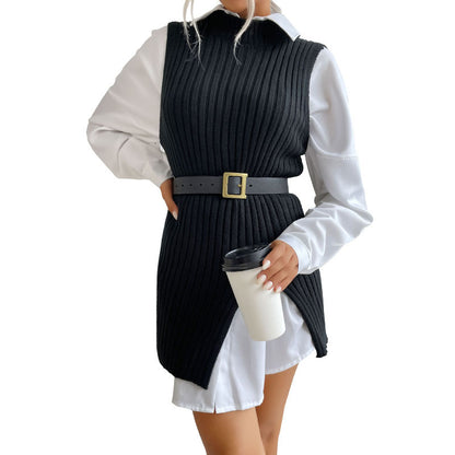 Ribbed Knit Mid-Length Vest with Mock Neck and Side Slit