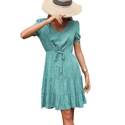 Floral A-Line Dress with Puff Sleeves and Tiered Skirt