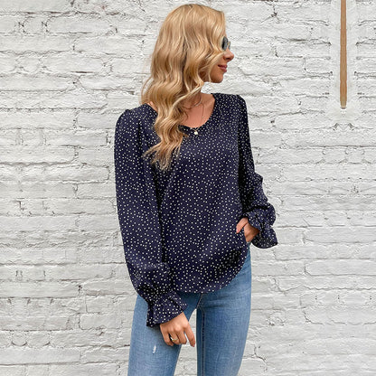 Leopard Print Blouse with Horn Sleeves and Crewneck