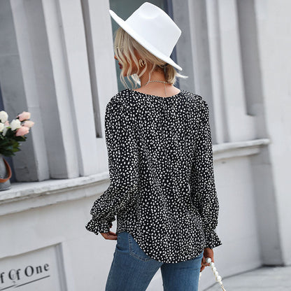 Leopard Print Blouse with Horn Sleeves and Crewneck