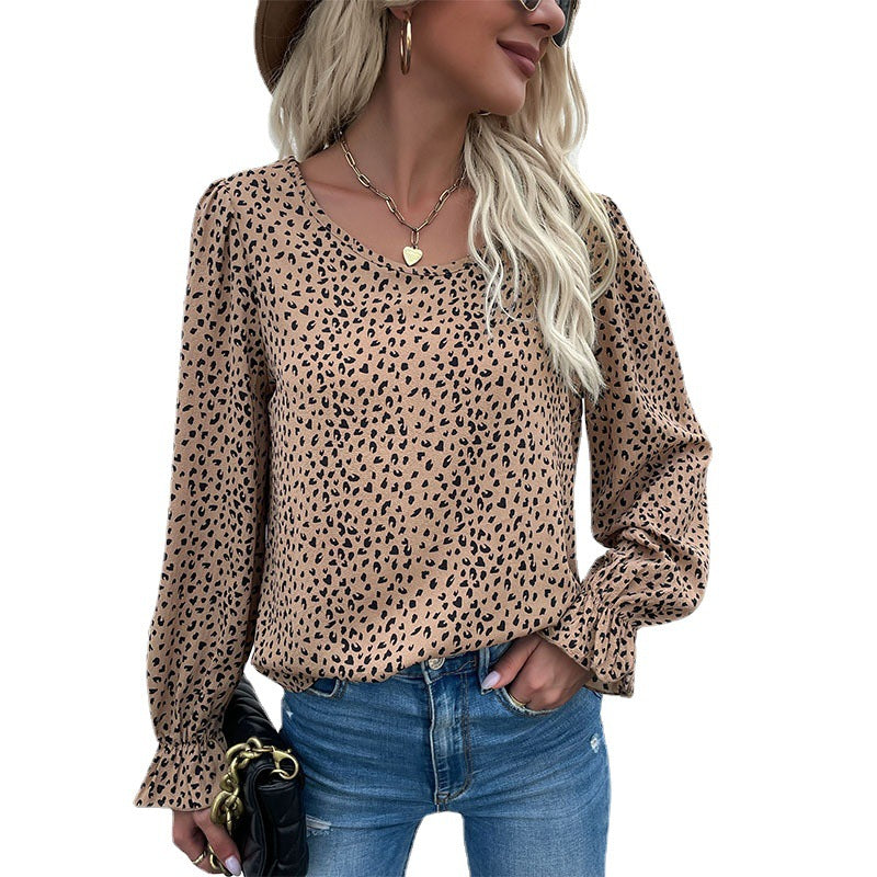 Leopard Print Blouse with Horn Sleeves and Crewneck