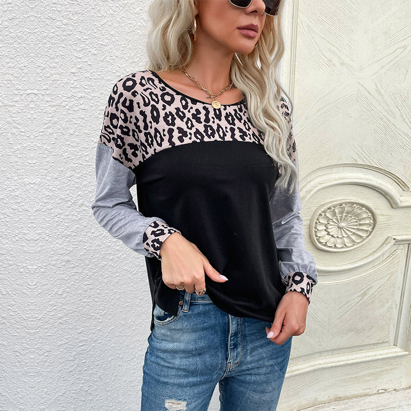 Leopard Print Patchwork Crewneck Sweatshirt with Color-Block Sleeves
