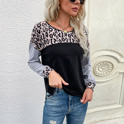 Leopard Print Patchwork Crewneck Sweatshirt with Color-Block Sleeves