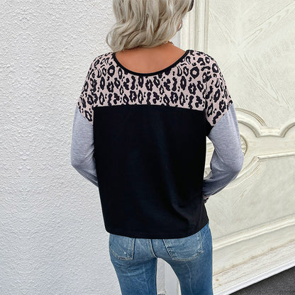 Leopard Print Patchwork Crewneck Sweatshirt with Color-Block Sleeves