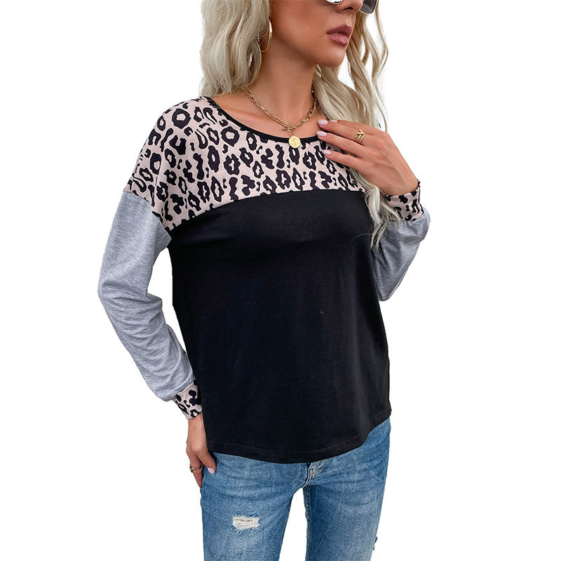 Leopard Print Patchwork Crewneck Sweatshirt with Color-Block Sleeves