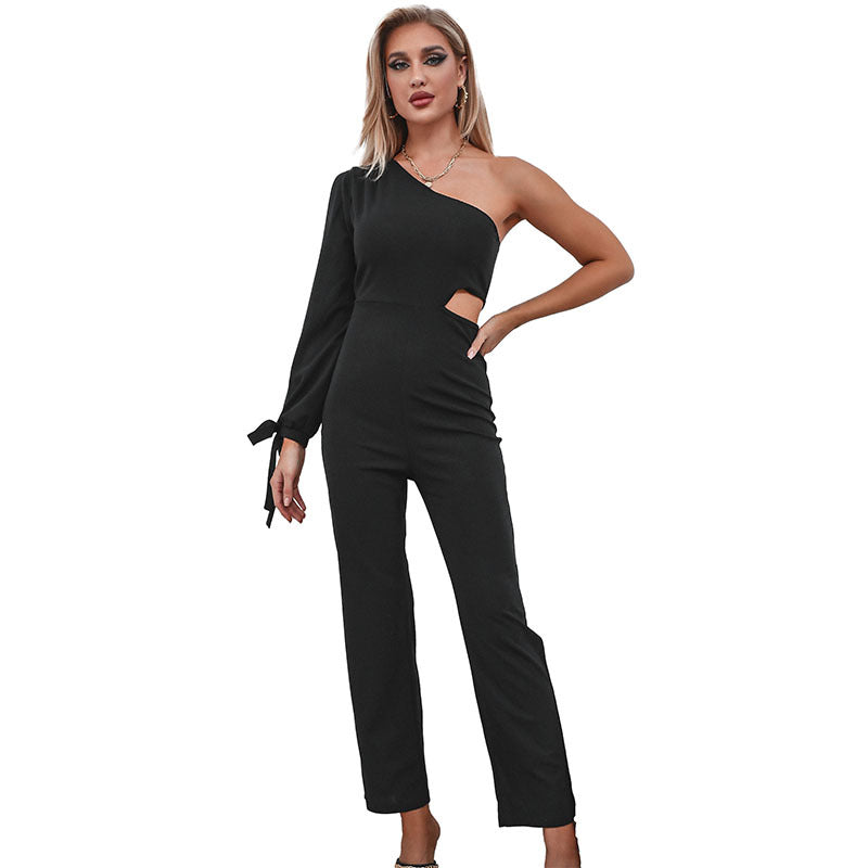 Slim-Fit One-Shoulder Jumpsuit with Side Cutout and Tie Cuff
