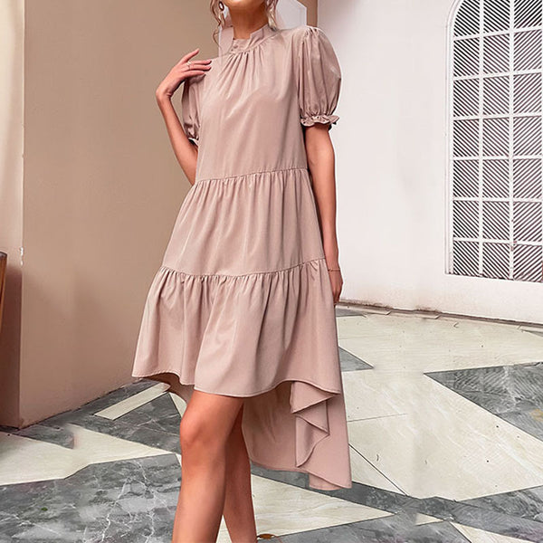 Tiered High-Low Dress with Mock Neck and Puff Sleeves