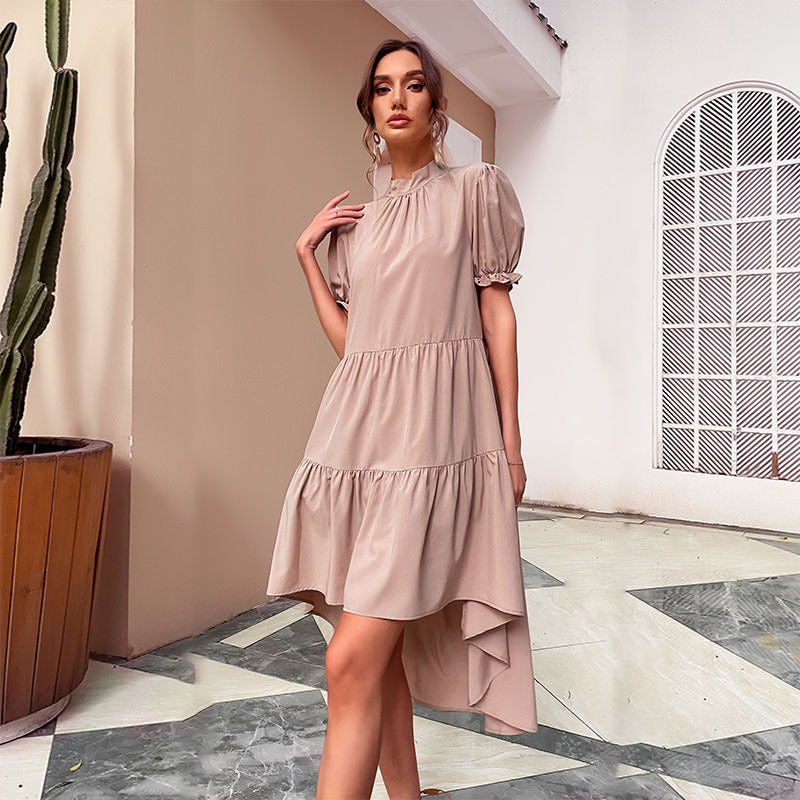 Tiered High-Low Dress with Mock Neck and Puff Sleeves