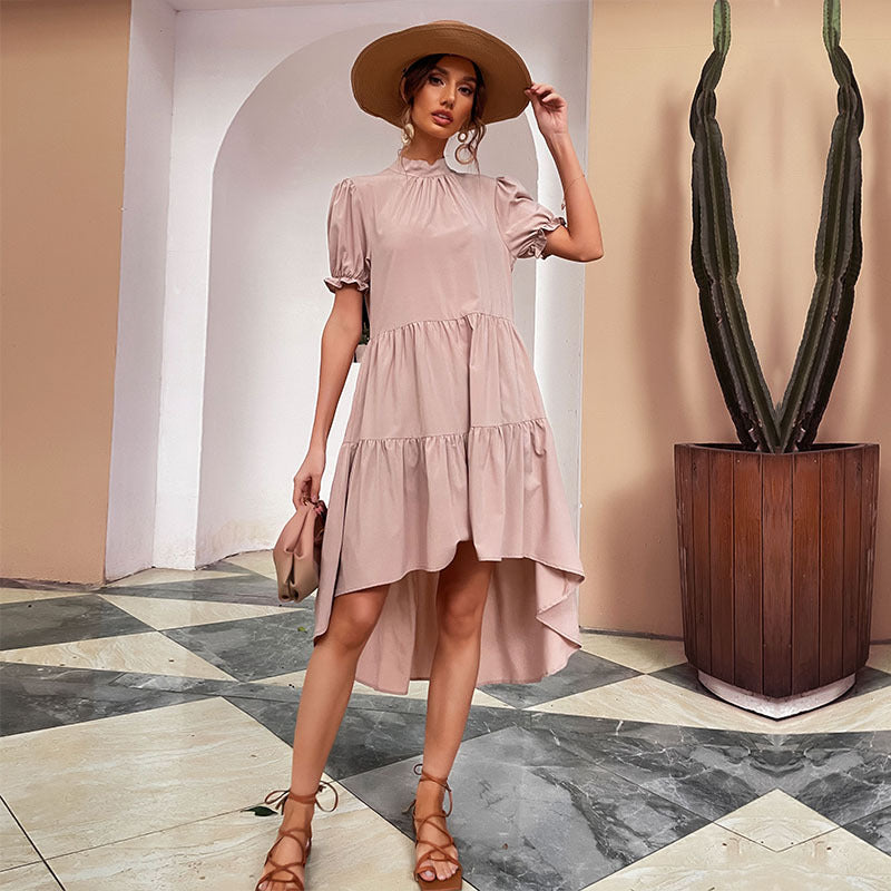 Tiered High-Low Dress with Mock Neck and Puff Sleeves