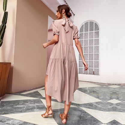 Tiered High-Low Dress with Mock Neck and Puff Sleeves