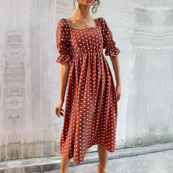 Polka Dot A-Line Midi Dress with Square Neck and Puff Sleeves