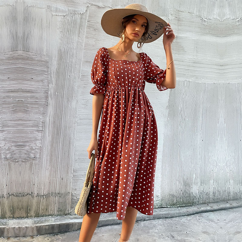 Polka Dot A-Line Midi Dress with Square Neck and Puff Sleeves