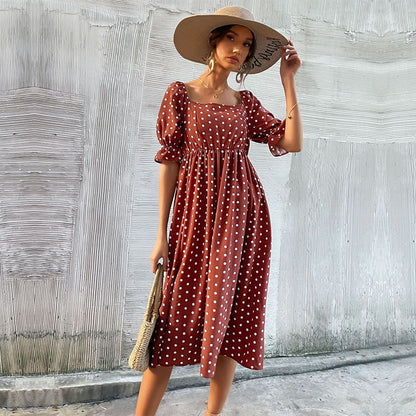 Polka Dot A-Line Midi Dress with Square Neck and Puff Sleeves