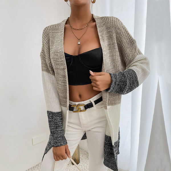 Color-Blocked Mid-Length Knit Cardigan with Open Front