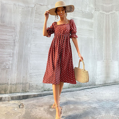 Polka Dot A-Line Midi Dress with Square Neck and Puff Sleeves