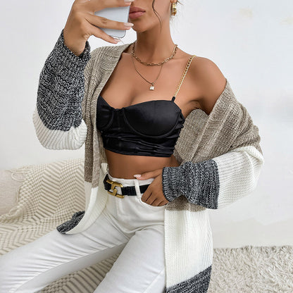 Color-Blocked Mid-Length Knit Cardigan with Open Front