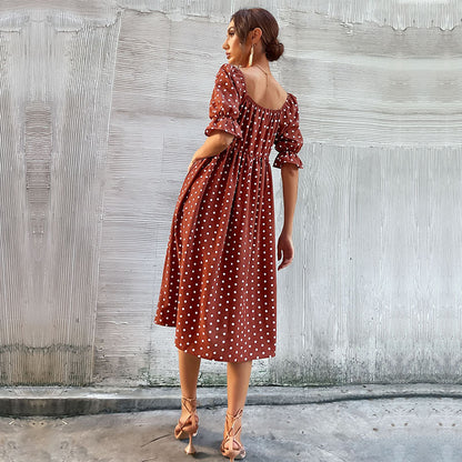 Polka Dot A-Line Midi Dress with Square Neck and Puff Sleeves