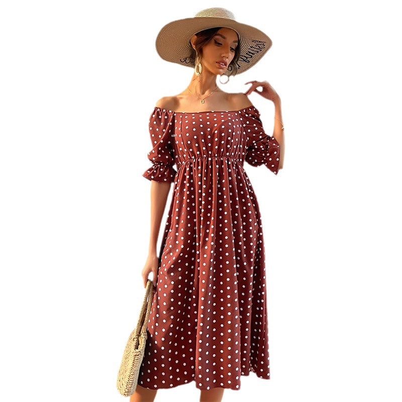 Polka Dot A-Line Midi Dress with Square Neck and Puff Sleeves