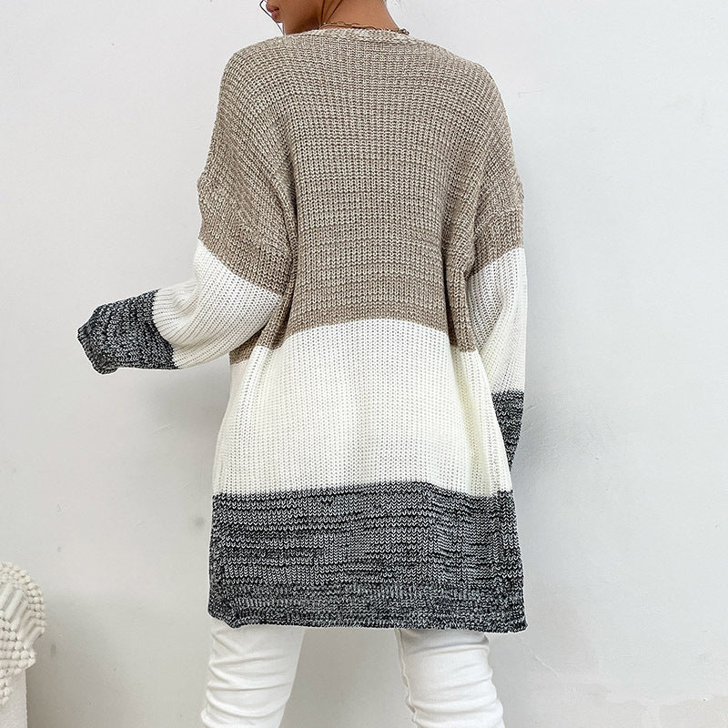 Color-Blocked Mid-Length Knit Cardigan with Open Front