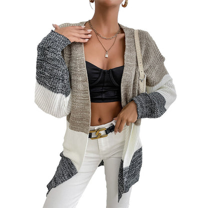 Color-Blocked Mid-Length Knit Cardigan with Open Front