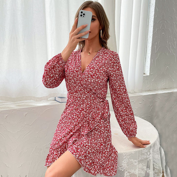 Floral A-Line Mini Dress with V-Neck and Ruffle Hem