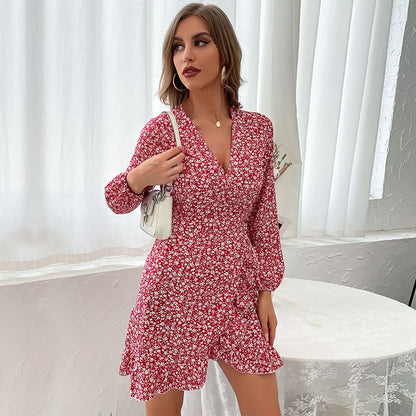 Floral A-Line Mini Dress with V-Neck and Ruffle Hem