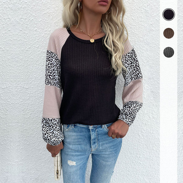 Crewneck Waffle Knit Top with Leopard Print Color-Block Sleeves