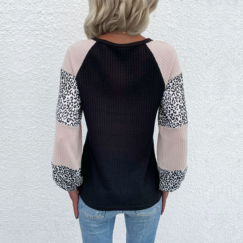 Crewneck Waffle Knit Top with Leopard Print Color-Block Sleeves