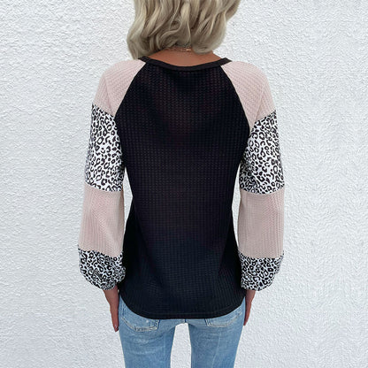 Crewneck Waffle Knit Top with Leopard Print Color-Block Sleeves