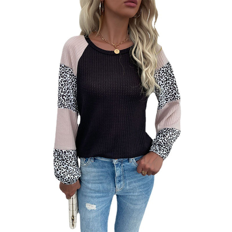 Crewneck Waffle Knit Top with Leopard Print Color-Block Sleeves