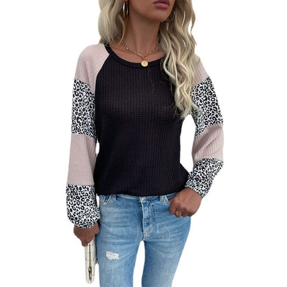 Crewneck Waffle Knit Top with Leopard Print Color-Block Sleeves