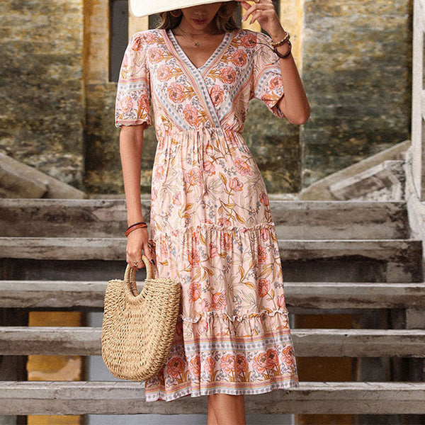 Floral A-Line Midi Dress with V-Neck and Tiered Ruffles
