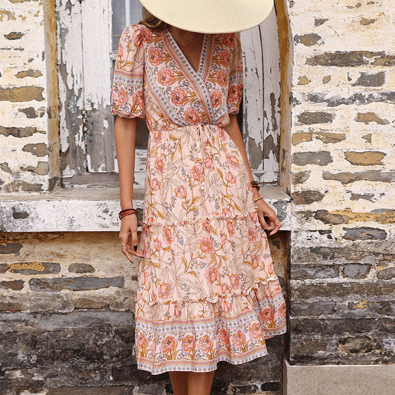 Floral A-Line Midi Dress with V-Neck and Tiered Ruffles