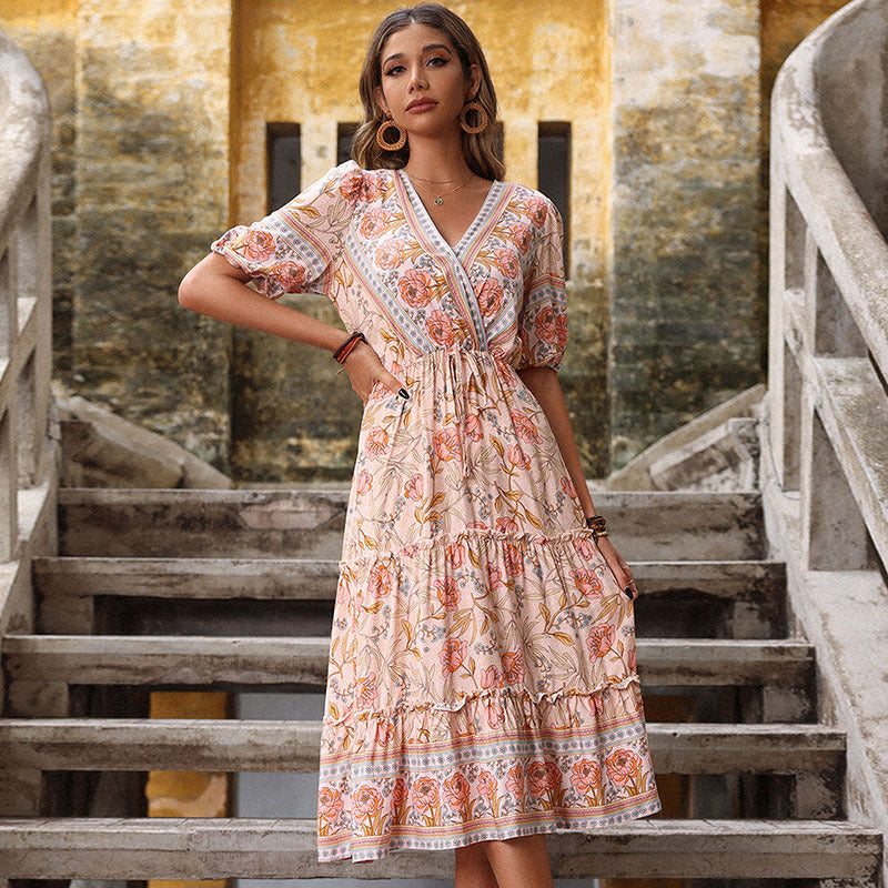 Floral A-Line Midi Dress with V-Neck and Tiered Ruffles