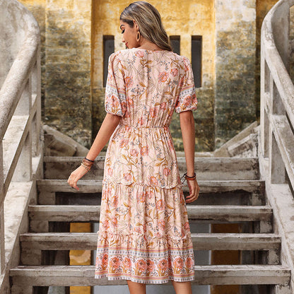Floral A-Line Midi Dress with V-Neck and Tiered Ruffles