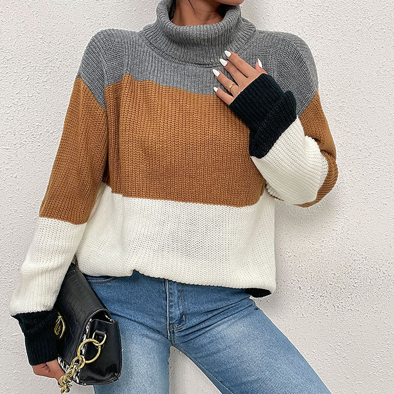 Loose Color-Blocked Turtleneck Sweater with Contrast Cuffs
