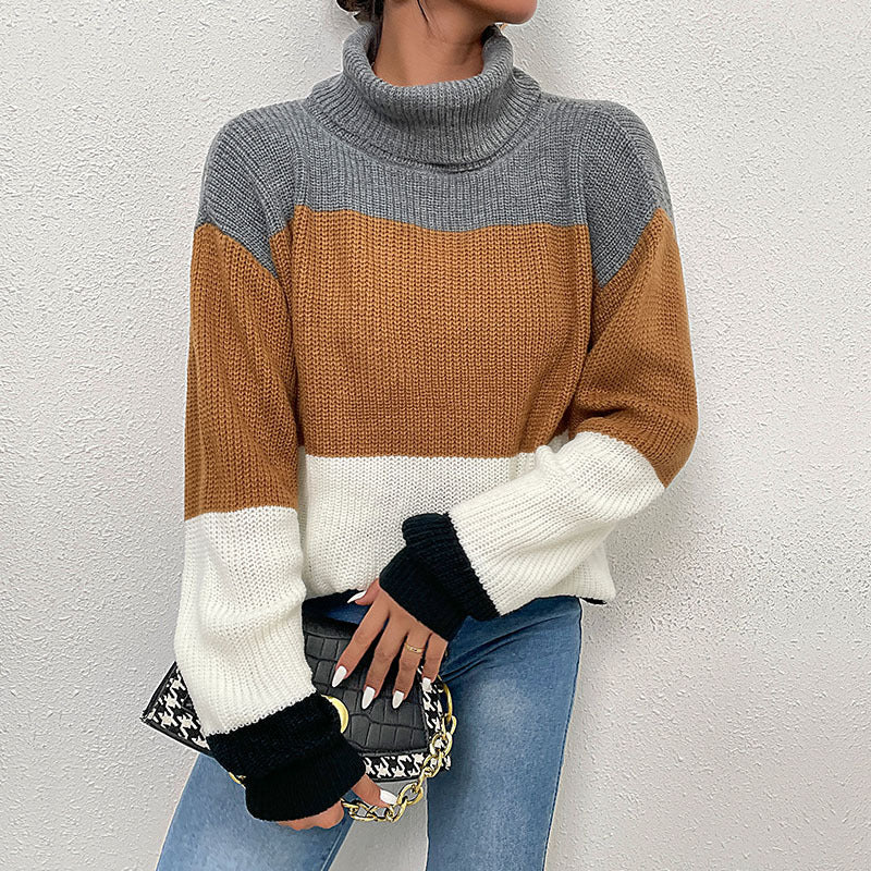 Loose Color-Blocked Turtleneck Sweater with Contrast Cuffs