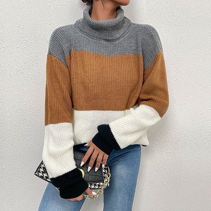 Loose Color-Blocked Turtleneck Sweater with Contrast Cuffs