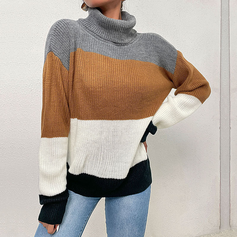 Loose Color-Blocked Turtleneck Sweater with Contrast Cuffs