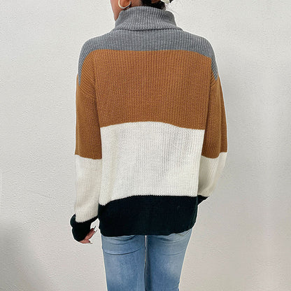 Loose Color-Blocked Turtleneck Sweater with Contrast Cuffs