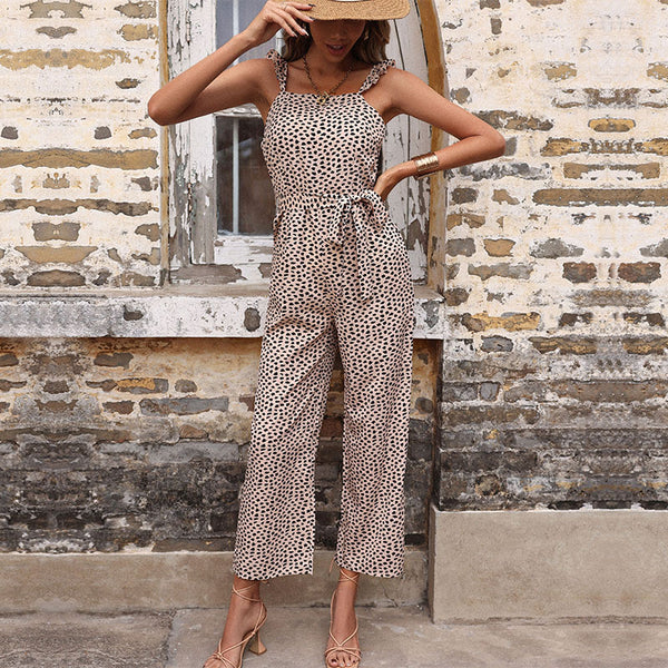Dalmatian Print Cropped Jumpsuit with Ruffle Straps and Tie-Waist