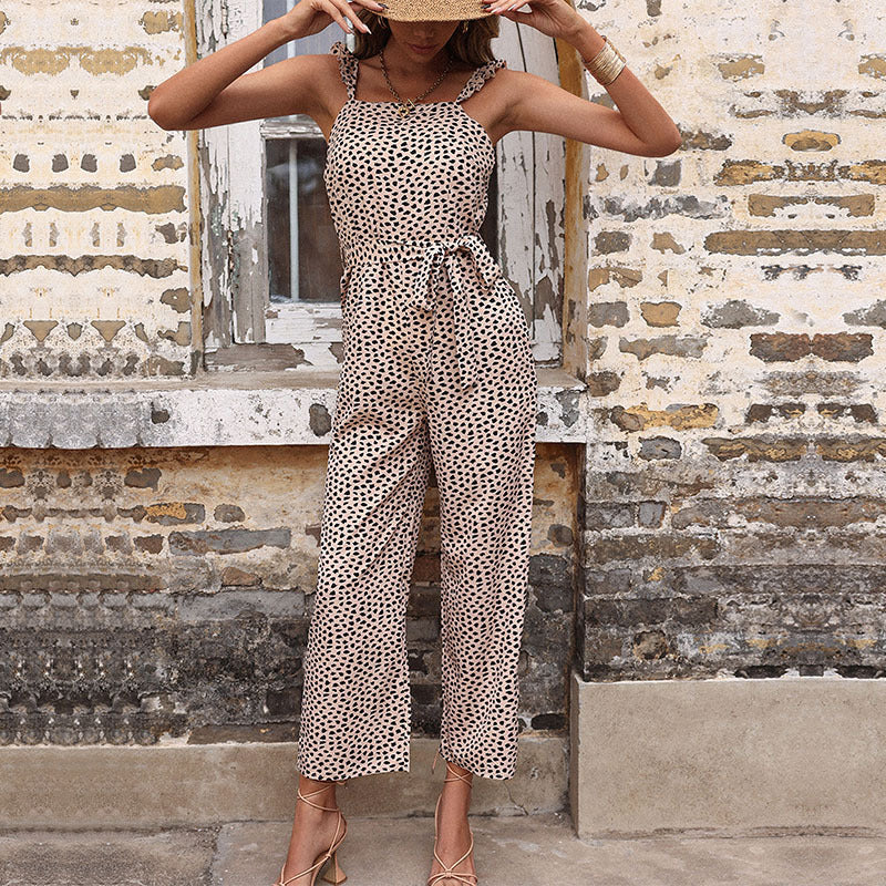 Dalmatian Print Cropped Jumpsuit with Ruffle Straps and Tie-Waist