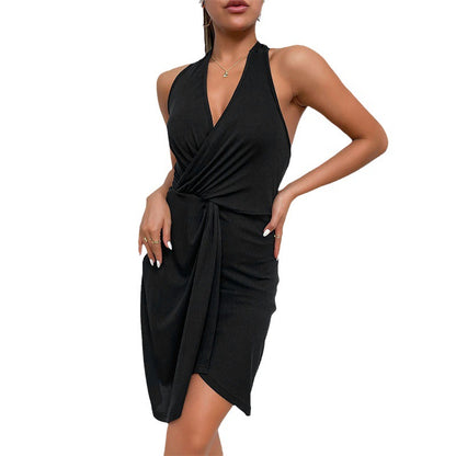 Halter Neck Bodycon Dress with Asymmetric Wrap Hem