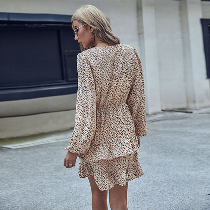 Leopard Print Tiered Mini Dress with V-Neck and Tie-Waist